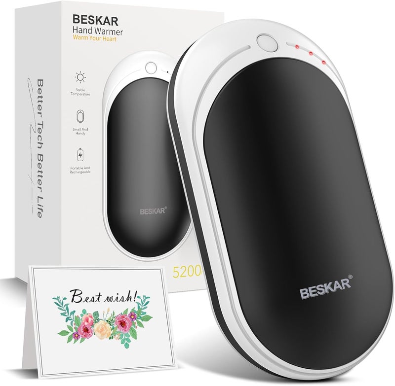 BESKAR Rechargeable Hand Warmer, 5200mAh Electric Hand Heater, Double-Sided Heating, USB Quick Charge, Portable Pocket Hand Warmer for Outdoor, Golf, Raynauds - Winter Gift - Image 1